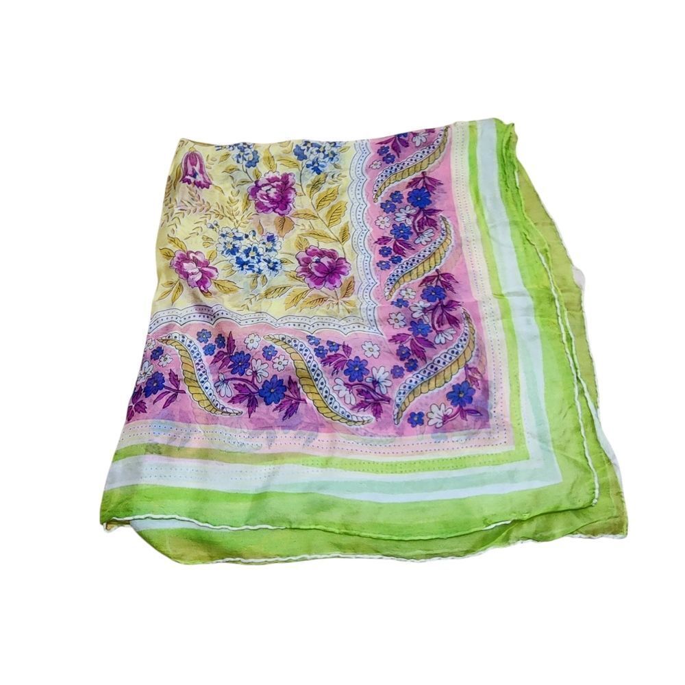 Vintage Silk Scarf Green Purple Floral Paisley Fairycore 32"X32"